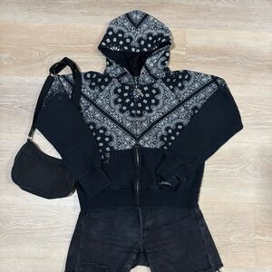 Adiktd Bandana Print Zip-Up Hoodie Black & White Western Streetwear Y2K Medium